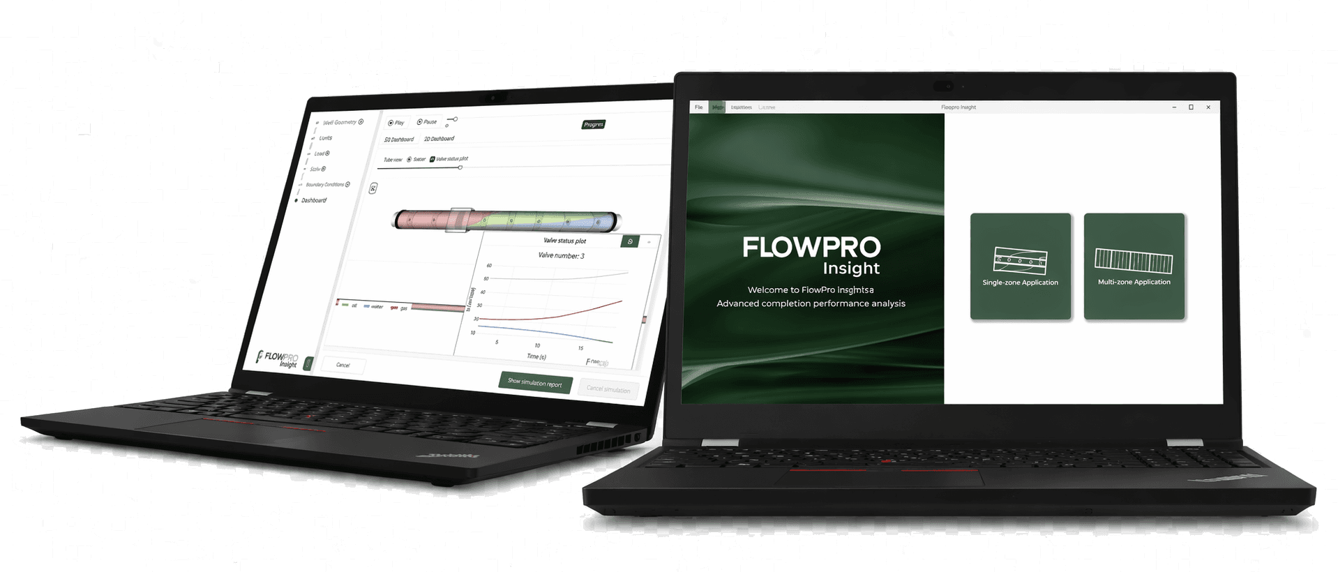 To laptoper som viser Flowpro Insight, 3D-brønnsimulering og velkomstskjerm