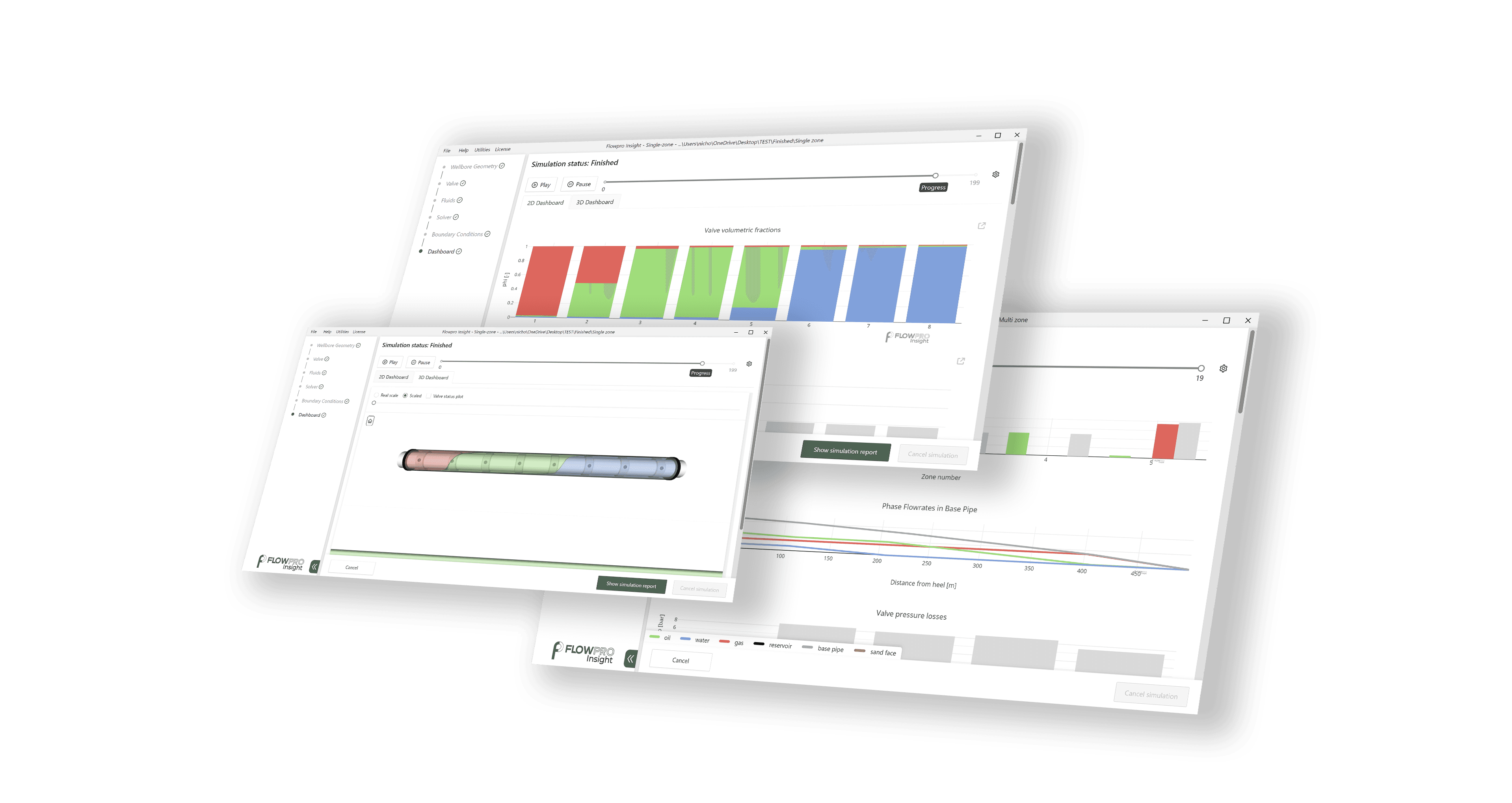 Flere Flowpro Insight-grensesnitt som viser brønnsimulering, stolpediagrammer og 3D-visualisering